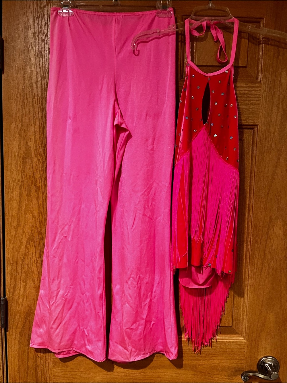 Hot Pink Women's Flared Pants & Fringe Halter Top Set size medium dance costume